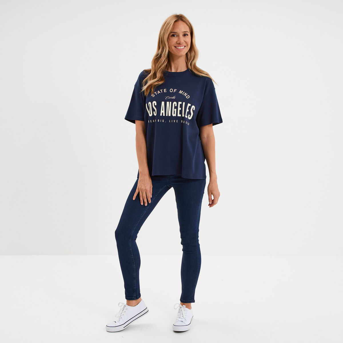 T-shirt col rond manches courtes coton bleu marine femme