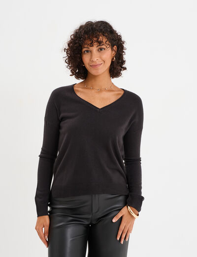 Pull col en V manches longues noir femme