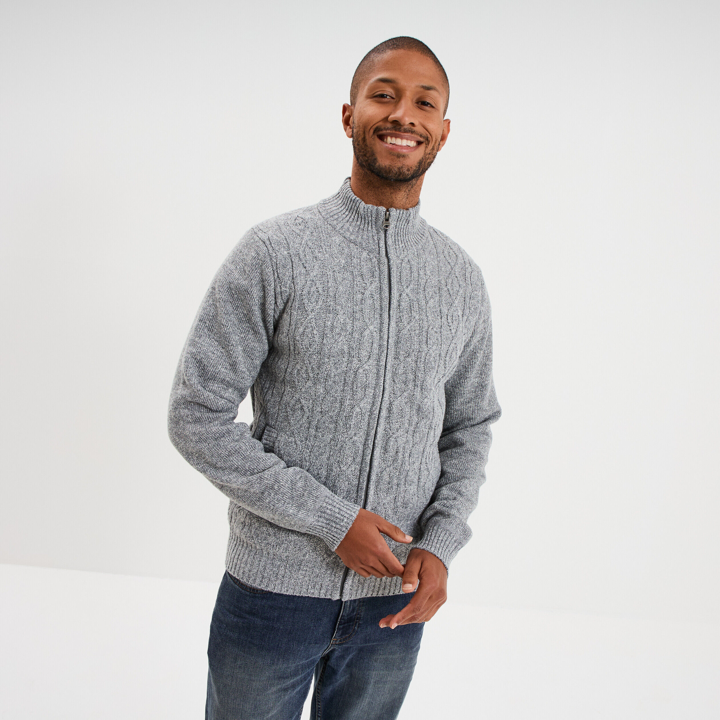 Gilet à torsades et col montant gris clair homme CREEKS