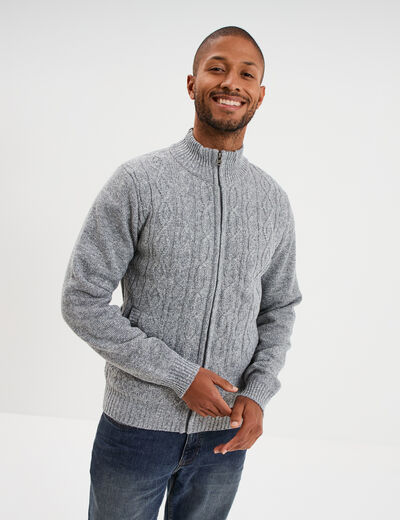 Gilet &agrave; torsades et col montant gris clair homme