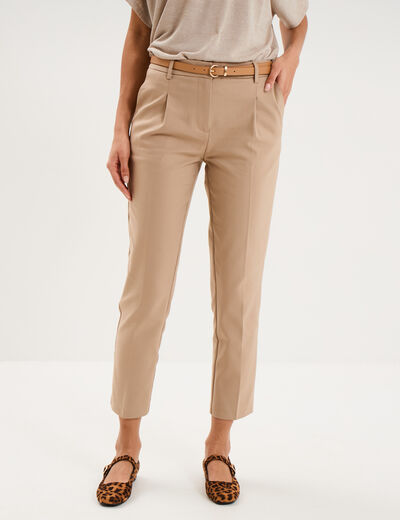 Pantalon cigarette &agrave; ceinture amovible marron femme