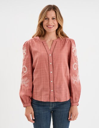 Blouse col tunisien manches brodées vieux rose femme