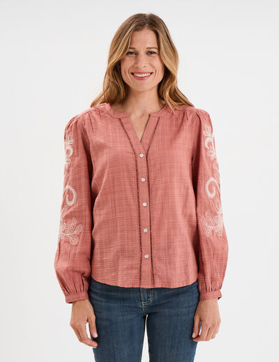 Blouse col tunisien manches brodées vieux rose femme