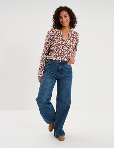 T-shirt col mao manches retroussables ecru femme