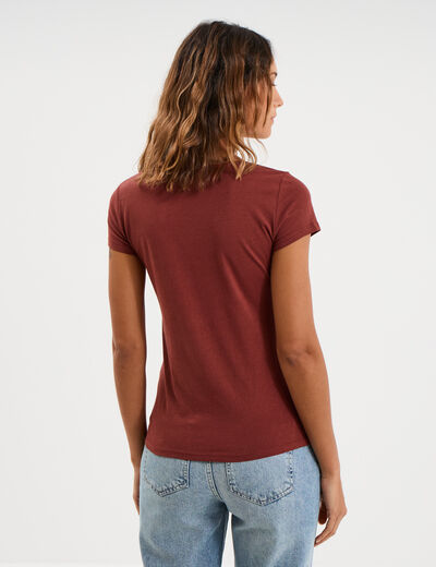 T-shirt coton col rond manches courtes marron cognac femme