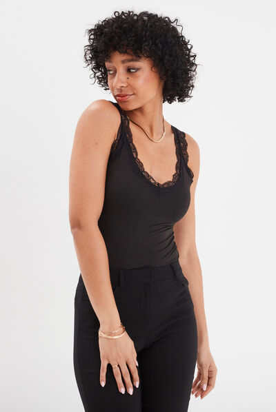 Débardeur détail dentelle ajusté noir femme