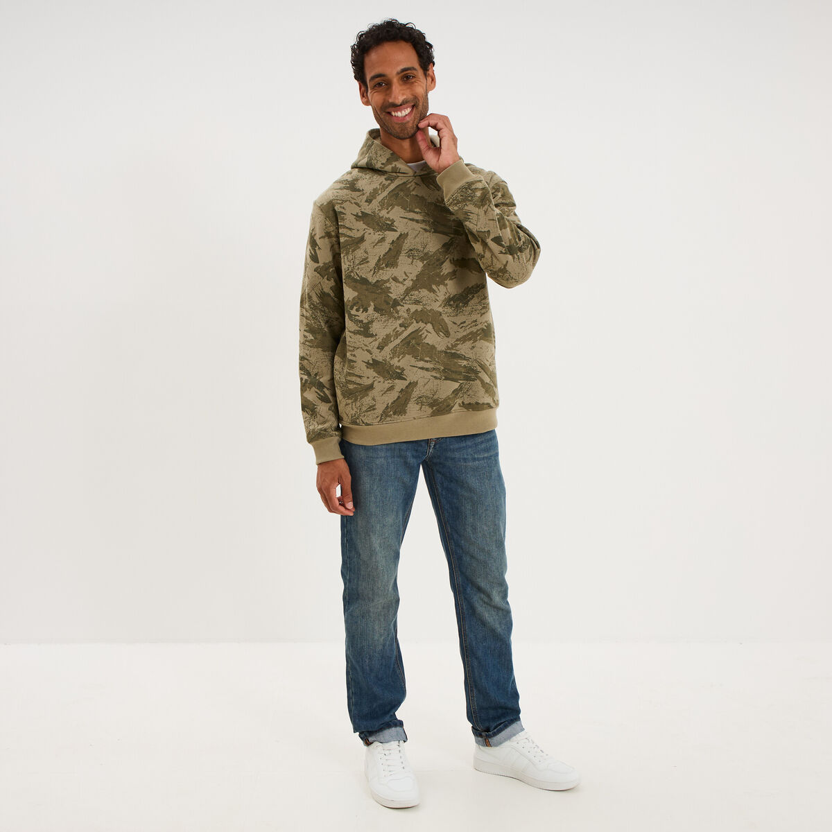 Sweat hoodie &agrave; capuche molleton vert kaki homme