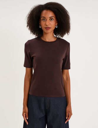 T-shirt col rond manches courtes ajust&eacute; marron fonc&eacute; femme