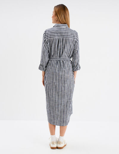 Robe chemise longue ceintur&eacute;e coton bleu marine femme