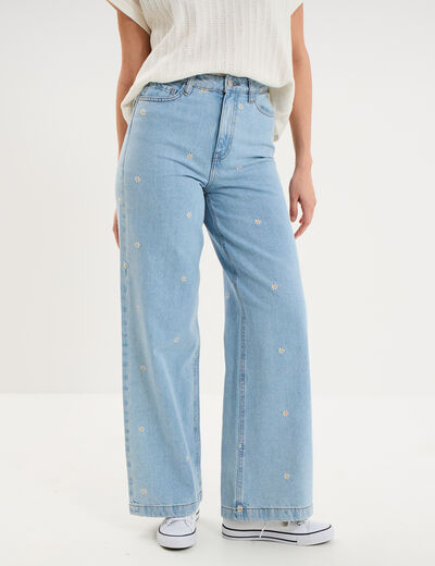 Jean large brod&eacute; taille haute coton denim triple stone femme