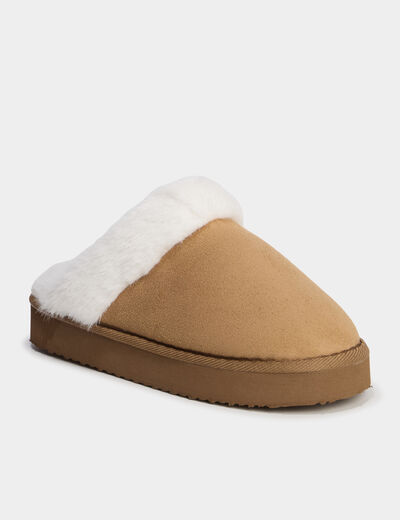 Chaussons mules compens&eacute;s fourr&eacute;s camel femme