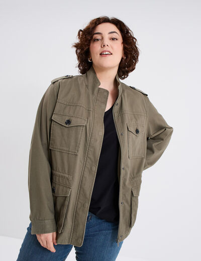 Veste mi-longue ajustée coton vert kaki femme grande taille