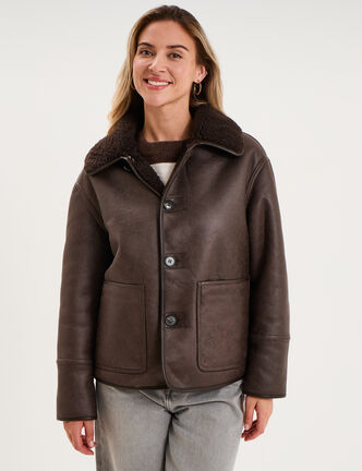 Veste r&eacute;versible simili cuir et polaire marron fonc&eacute; femme