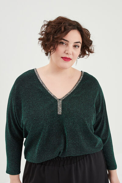 T-shirt manches chauves-souris dos en V vert canard femme grande taille