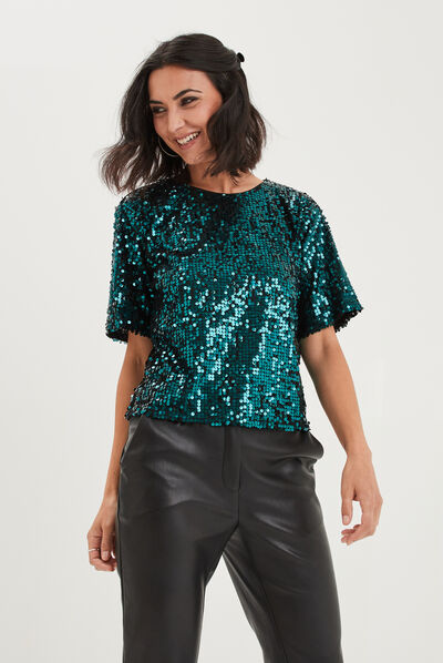 T-shirt à sequins manches courtes droit vert canard femme