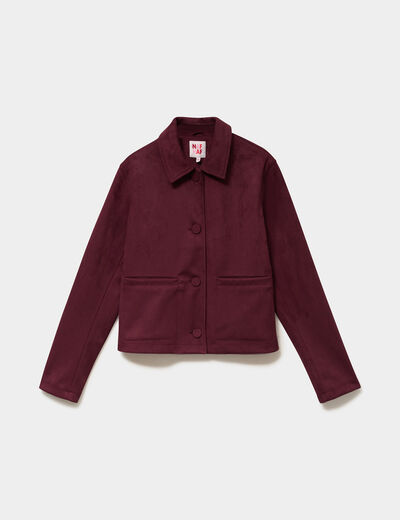 Veste courte effet su&eacute;dine boutonn&eacute;e violet fonc&eacute; femme