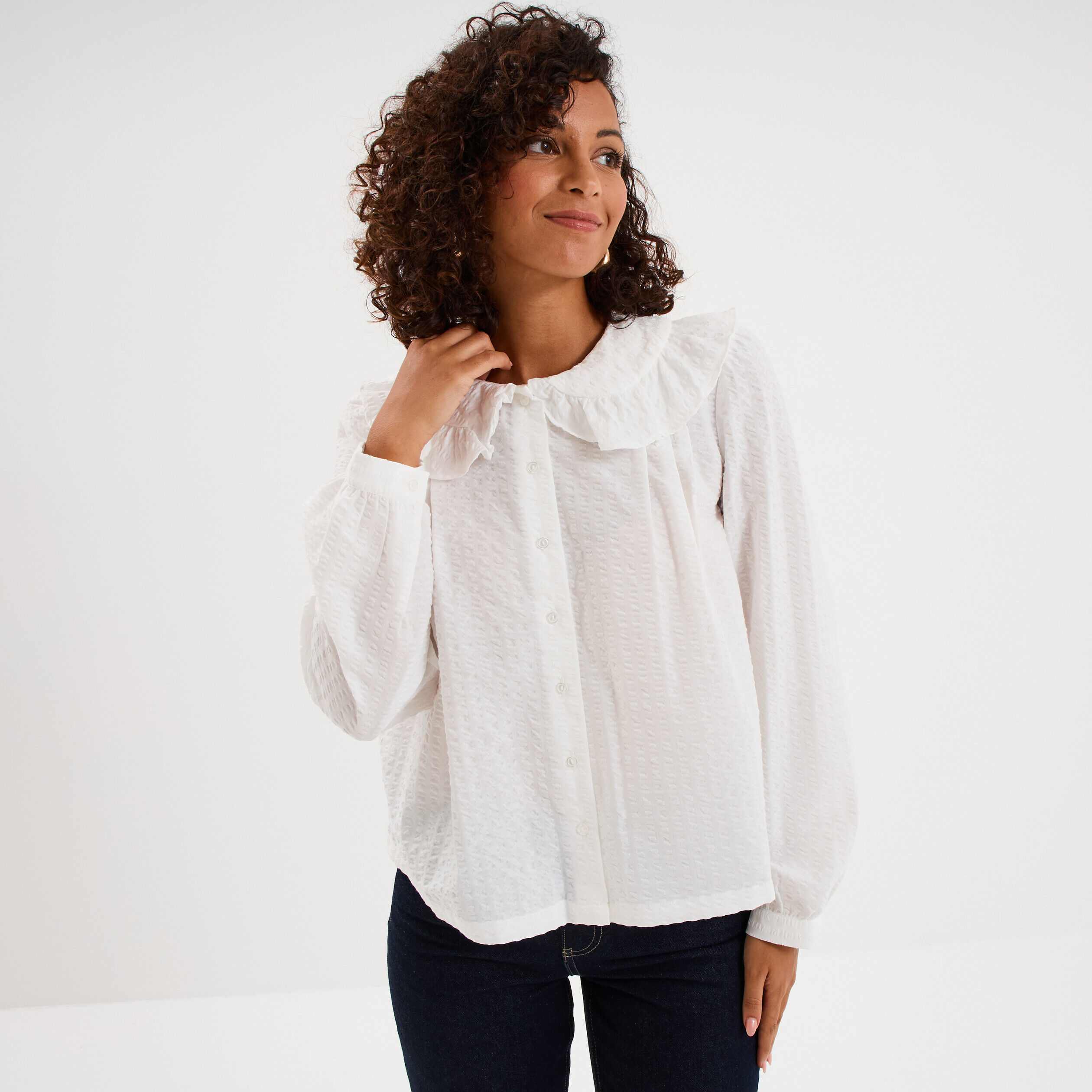 Chemisier col claudine à volants blanc femme CREEKS