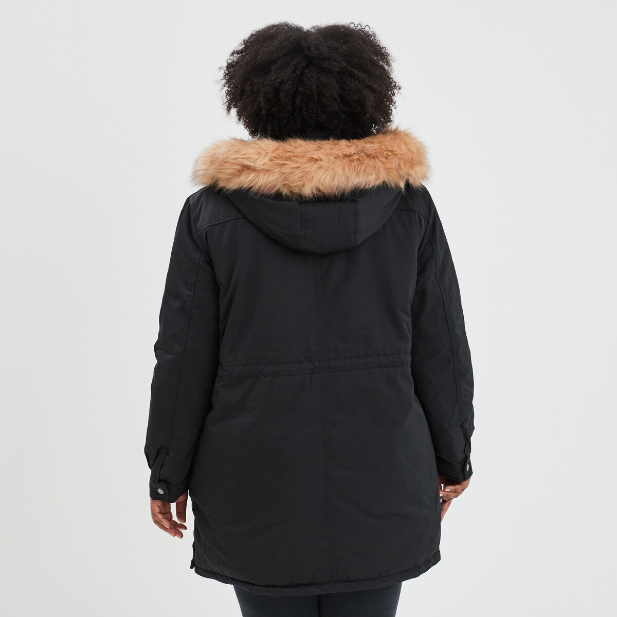 Parka &agrave; capuche bordure fausse fourrure noir femme grande taille