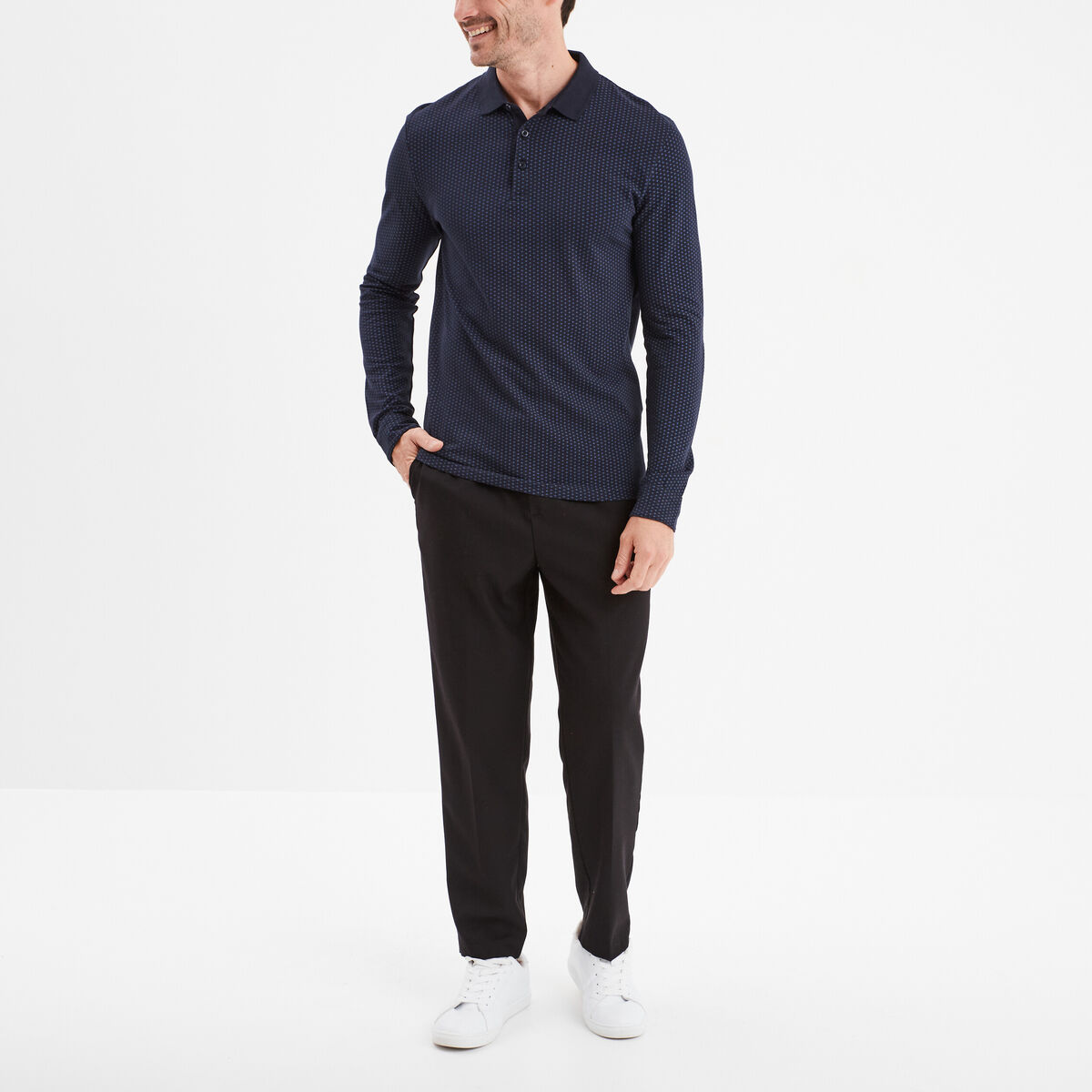 Polo manches longues encolure boutonnée bleu marine homme