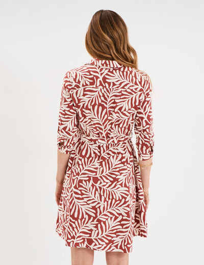 Robe col chemise ceinturée manches 3/4 terracotta femme