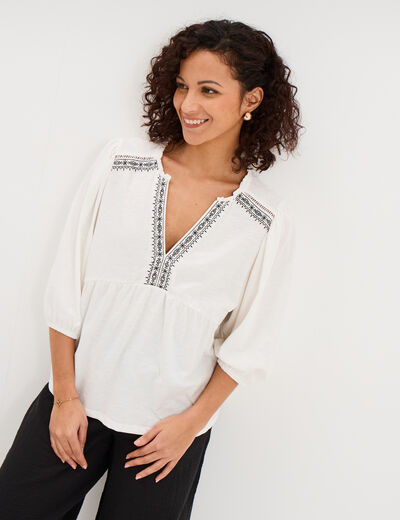 Blouse col tunisien brod&eacute; coton blanc femme