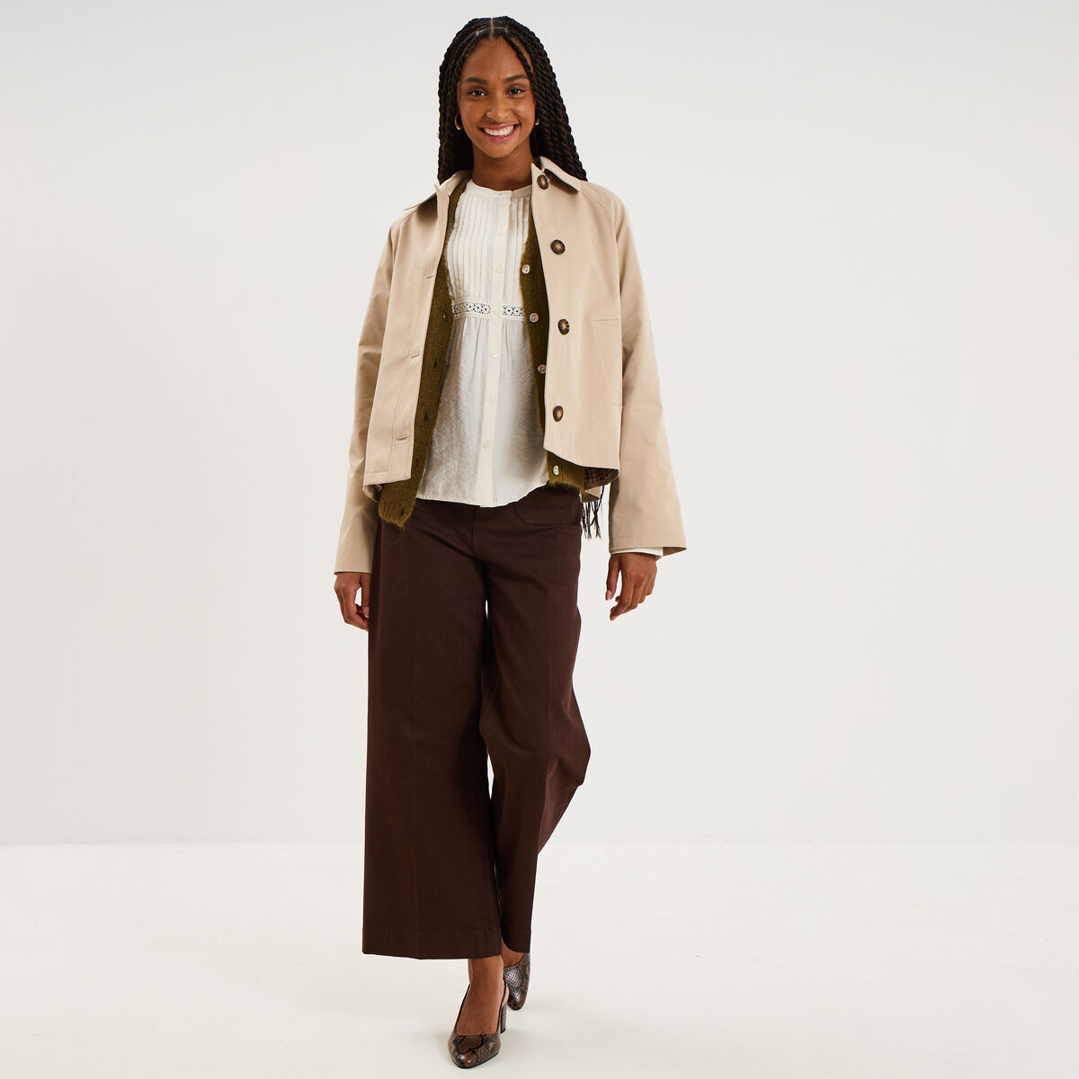 Blouse manches longues galons et fronces ecru femme