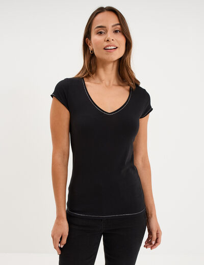 T-shirt col V ajust&eacute; manches courtes noir femme