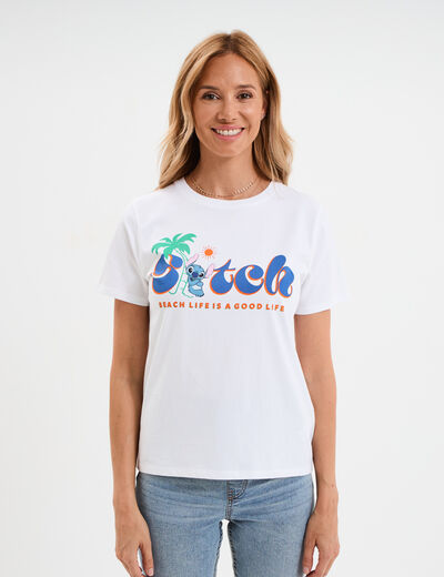 T-shirt manches courtes coton Stitch blanc femme