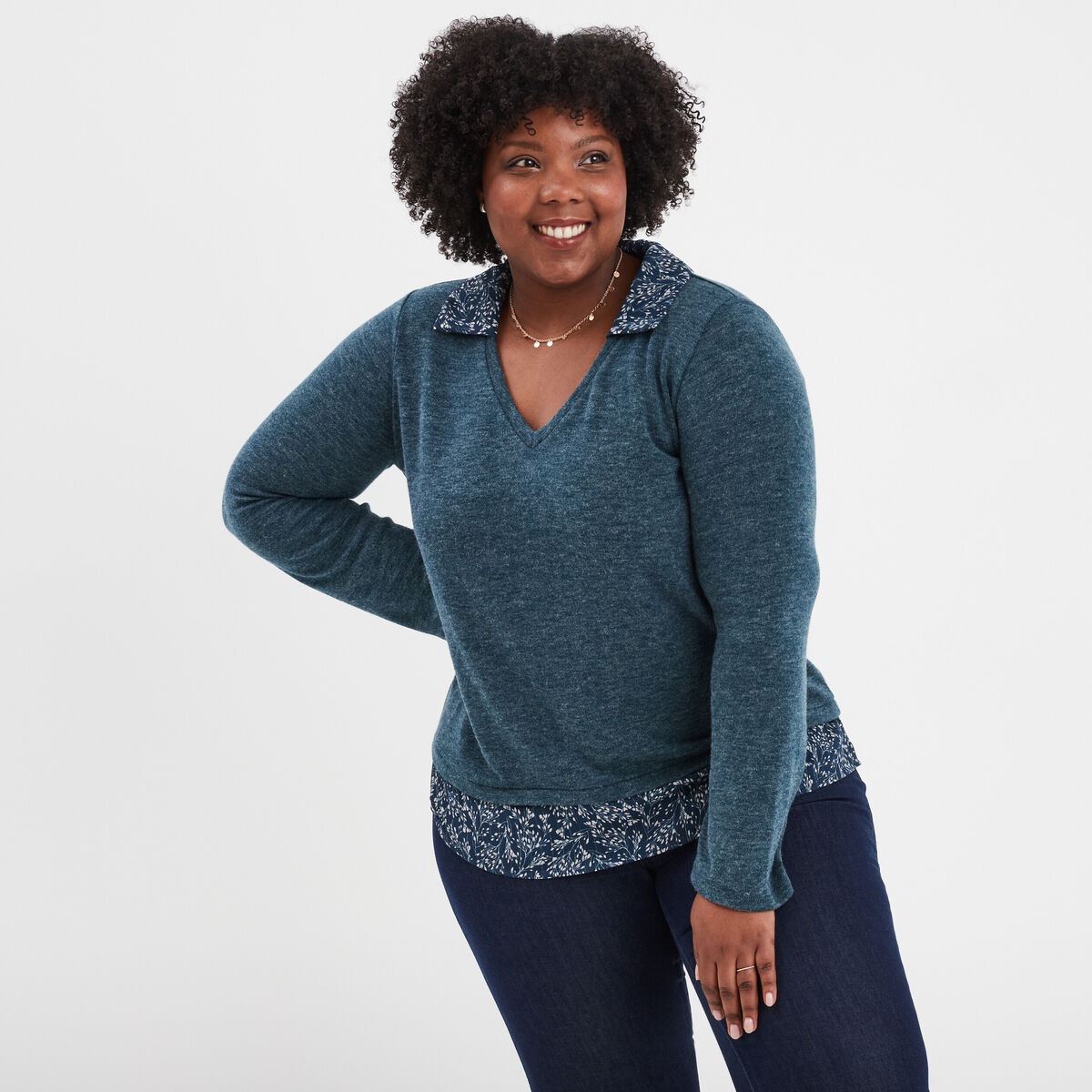 Pull effet 2-en-1 manches longues vert foncé femme grande taille