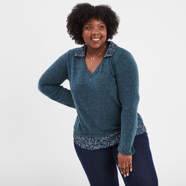 pull effet 2 en 1 manches longues vert fonce femmegt Pull effet 2-en-1 manches longues vert foncé femme grande taille