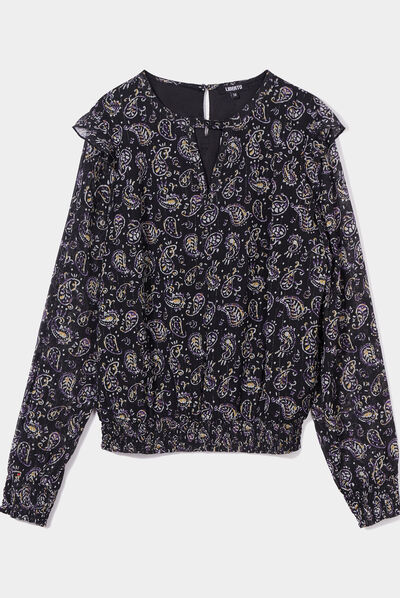 Blouse à volants bords smockés Liberto noir femme