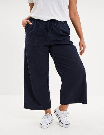 Pantalon large cropped lin m&eacute;lang&eacute; bleu fonc&eacute; femme grande taille