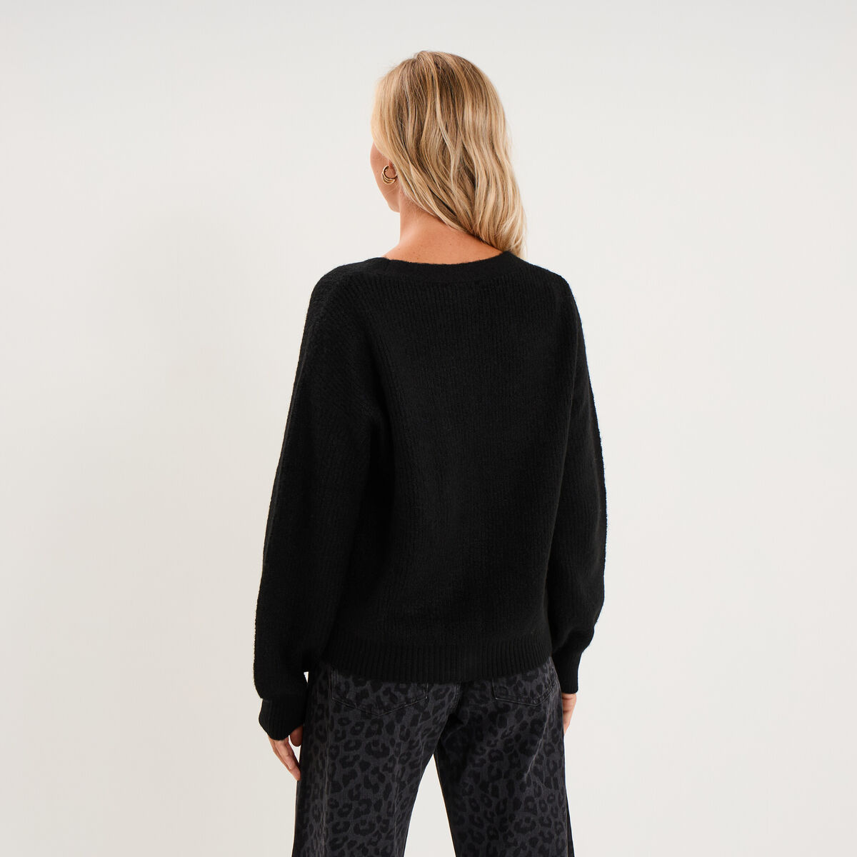 Gilet col en V manches longues ballon noir femme