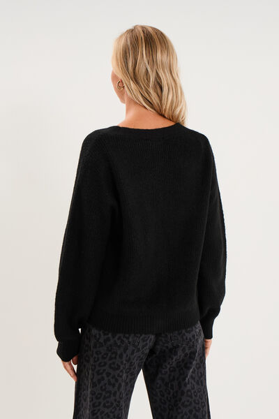 Gilet col en V manches longues ballon noir femme