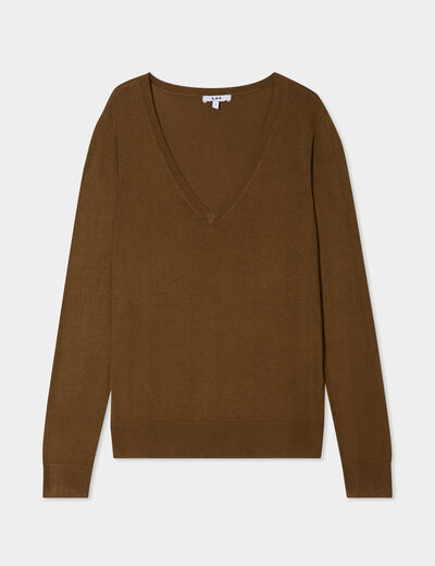 Pull col en V manches longues taupe femme