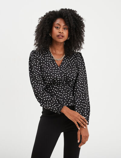 Blouse effet satin col cache-coeur noir femme