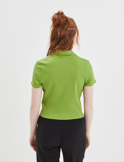 T-shirt court côtelé col polo coton vert femme