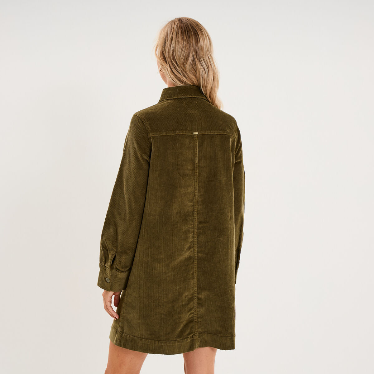Robe droite velours col chemise vert kaki femme