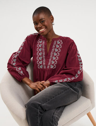 Blouse brod&eacute;e oversize coton bordeaux femme
