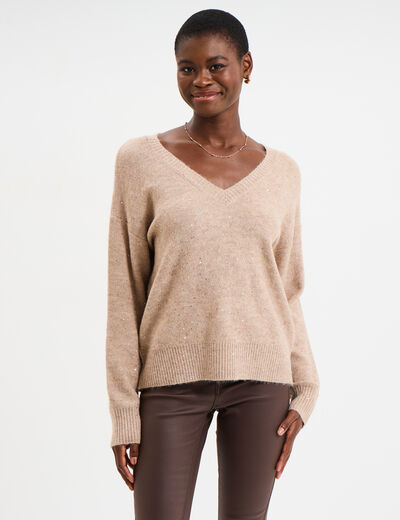 Pull col V &agrave; paillettes et sequins beige femme