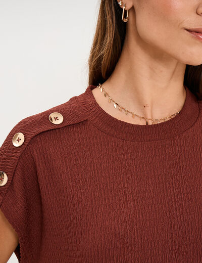 T-shirt gaufr&eacute; col rond avec boutons bordeaux femme