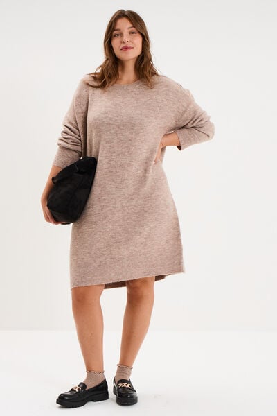 Robe pull oversize boutons &eacute;paule genou sable femme grande taille