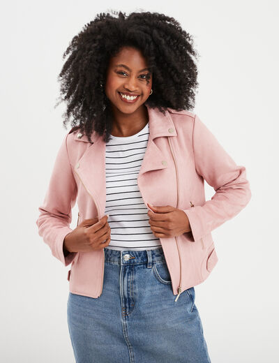 Veste courte esprit biker effet suédine mauve femme