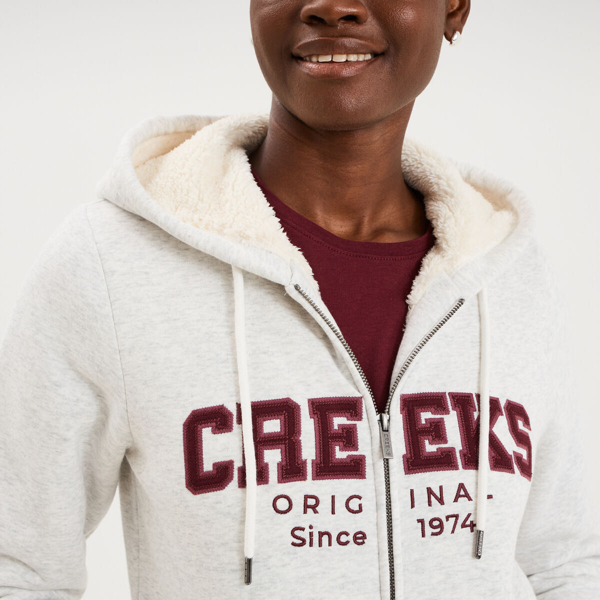 Sweat &agrave; capuche doublure effet sherpa gris clair femme