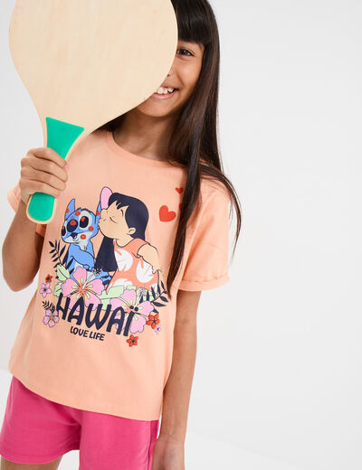 T-shirt manches courtes coton Stitch orange corail fille