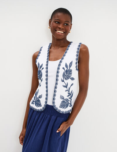 Gilet sans manches brod&eacute; gaze de coton blanc femme