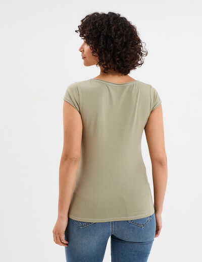 T-shirt col V ajusté manches courtes vert kaki femme