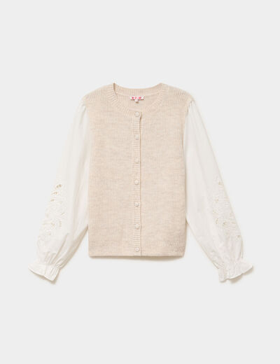 Gilet effet 2 en 1 manches brod&eacute;es beige femme