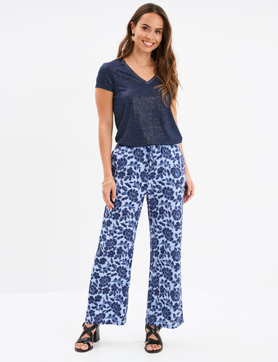 T-shirt col en V manches courtes bleu marine femme