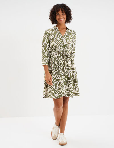 Robe col chemise ceinturée manches 3/4 blanc femme